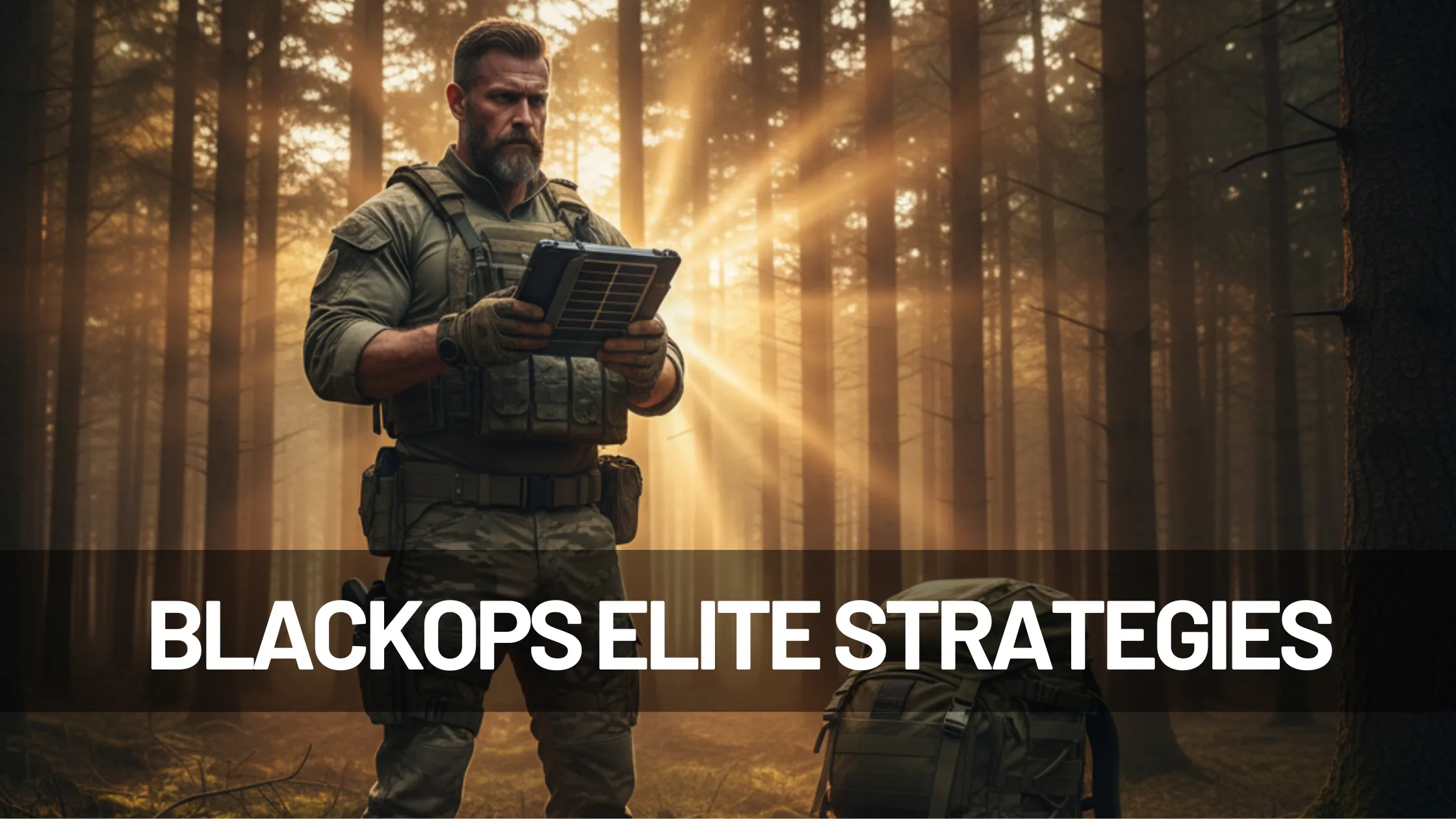 Survival expert with tactical gear and solar device in the forest, representing BlackOps Elite Strategies and complete preparedness.
