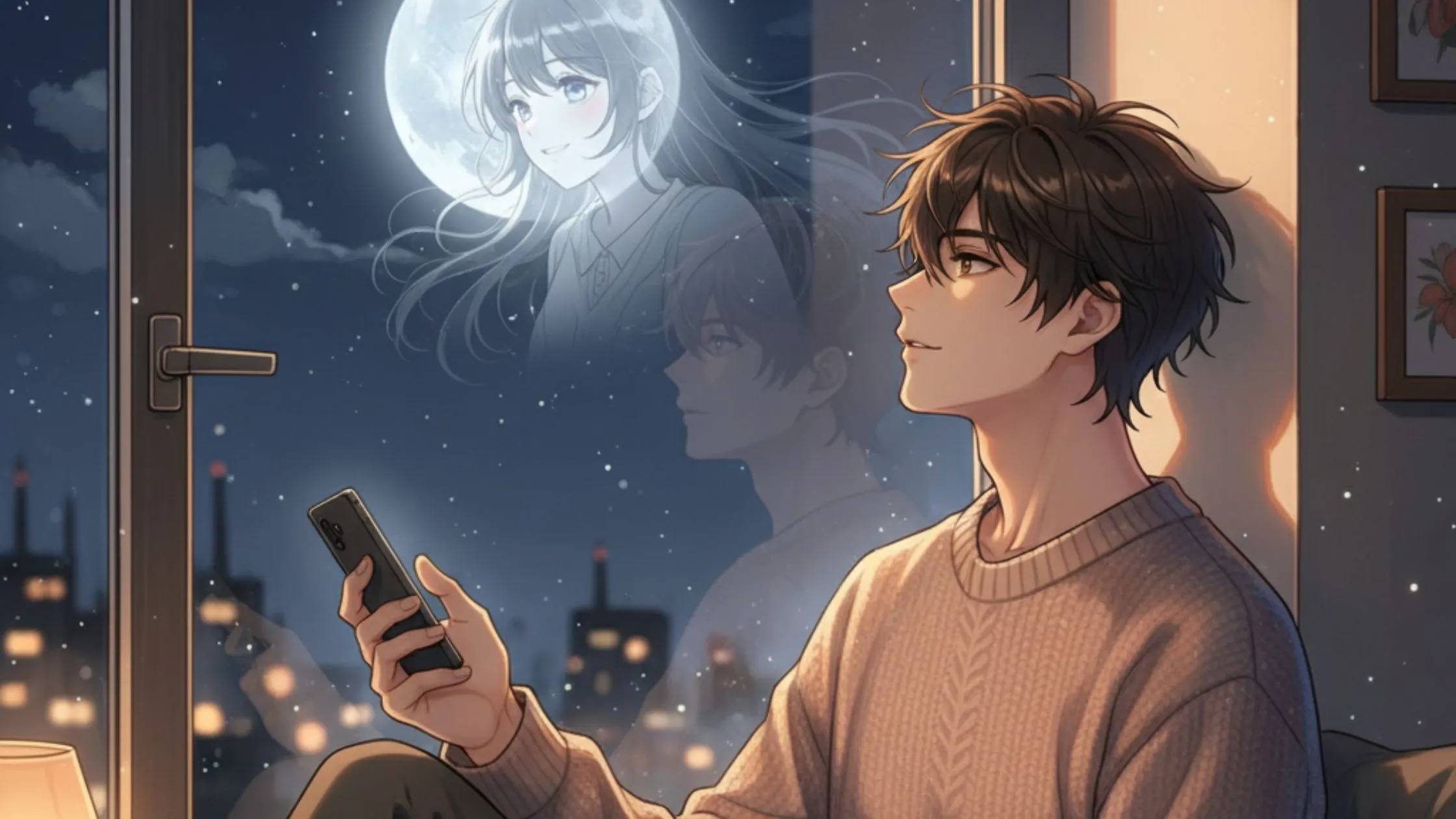Anime illustration of a young man looking thoughtful at night, imagining the girl he misses, dreamy background with soft glowing lights.