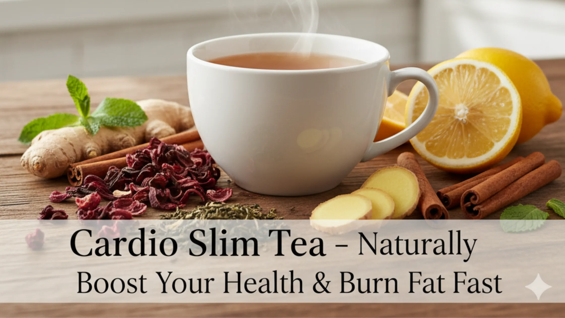 Cardio Slim Tea cup surrounded by natural herbs promoting heart health and fat burning.